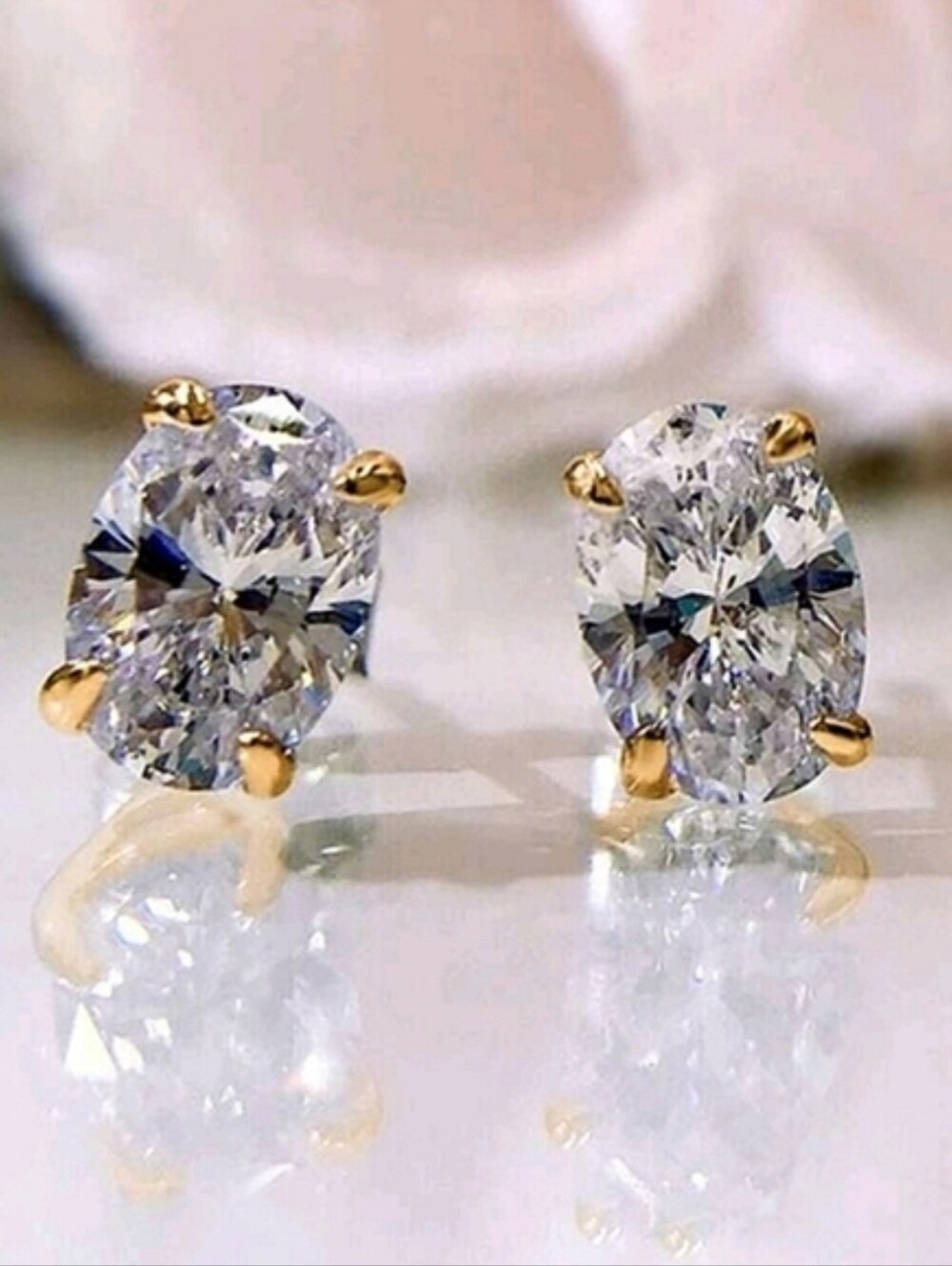 Gold Plated Stud Earrings With A 4C Ttl Weight Oval Simulant CZ Diamond; NWOT